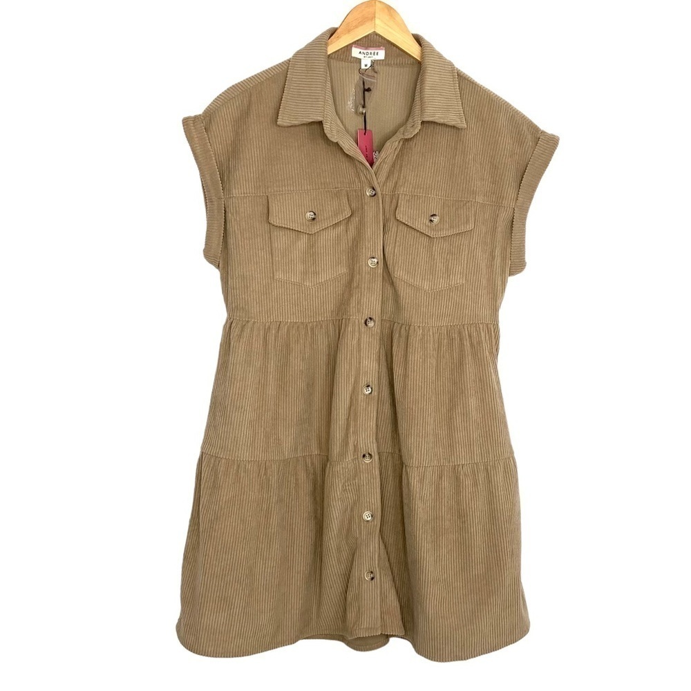 Andree by Unit Corduroy Mini Dress Sz Medium Light Brown Short Sleeve Button Up